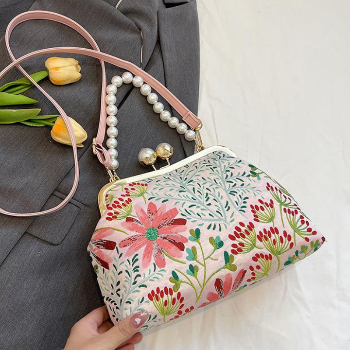 Rose Pearl Clutch | Vintage Shoulder Bag with Floral Print
