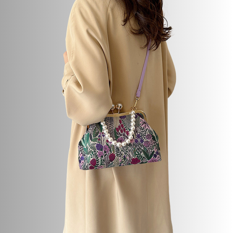 Rose Pearl Clutch | Vintage Shoulder Bag with Floral Print