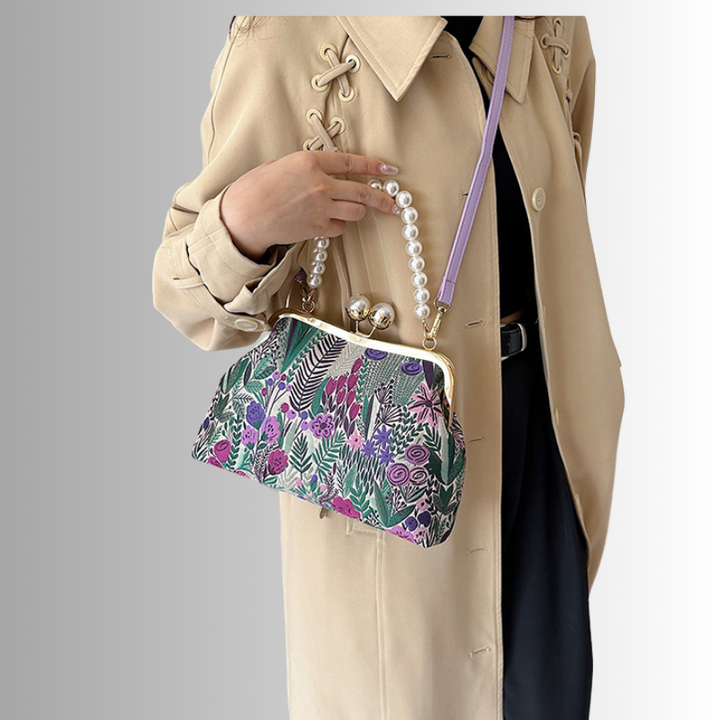 Rose Pearl Clutch | Vintage Shoulder Bag with Floral Print