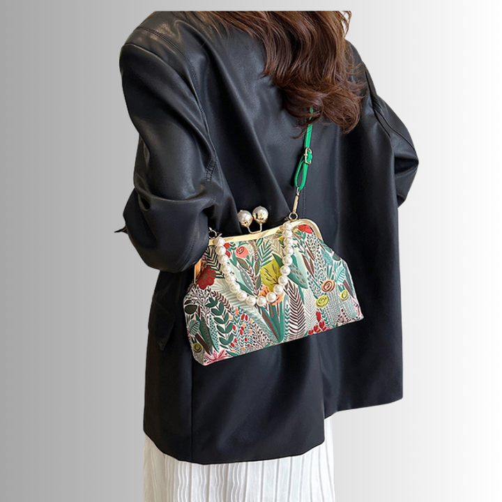 Rose Pearl Clutch | Vintage Shoulder Bag with Floral Print