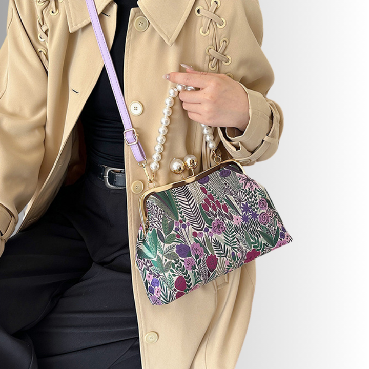 Rose Pearl Clutch | Vintage Shoulder Bag with Floral Print