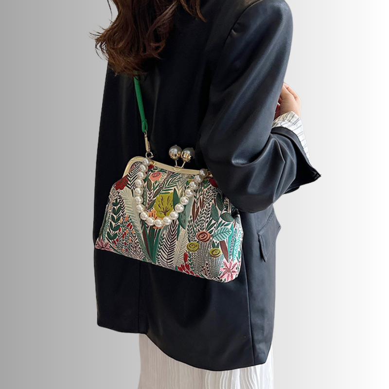 Rose Pearl Clutch | Vintage Shoulder Bag with Floral Print