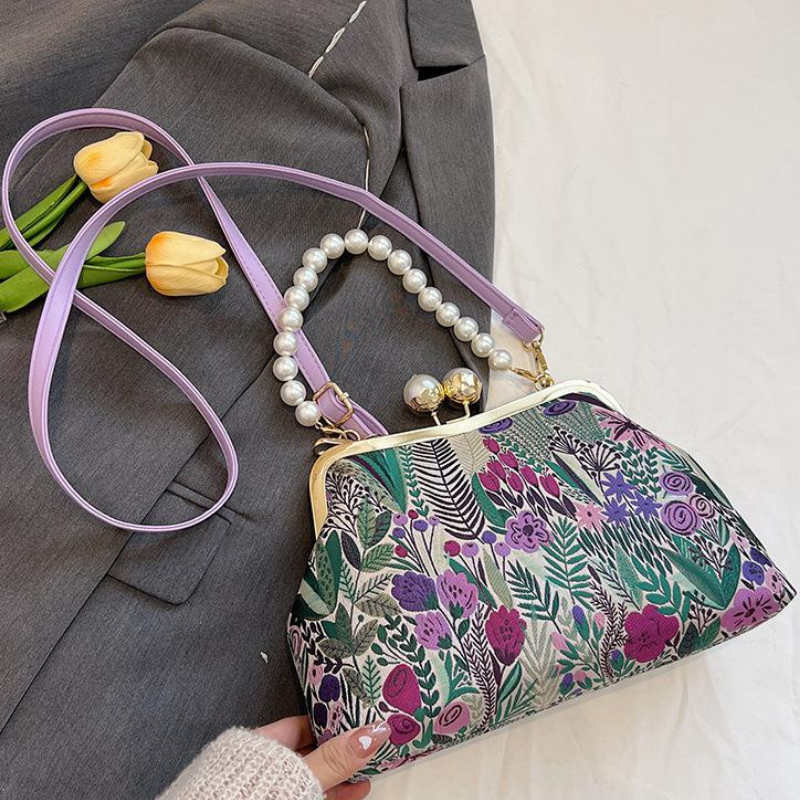 Rose Pearl Clutch | Vintage Shoulder Bag with Floral Print