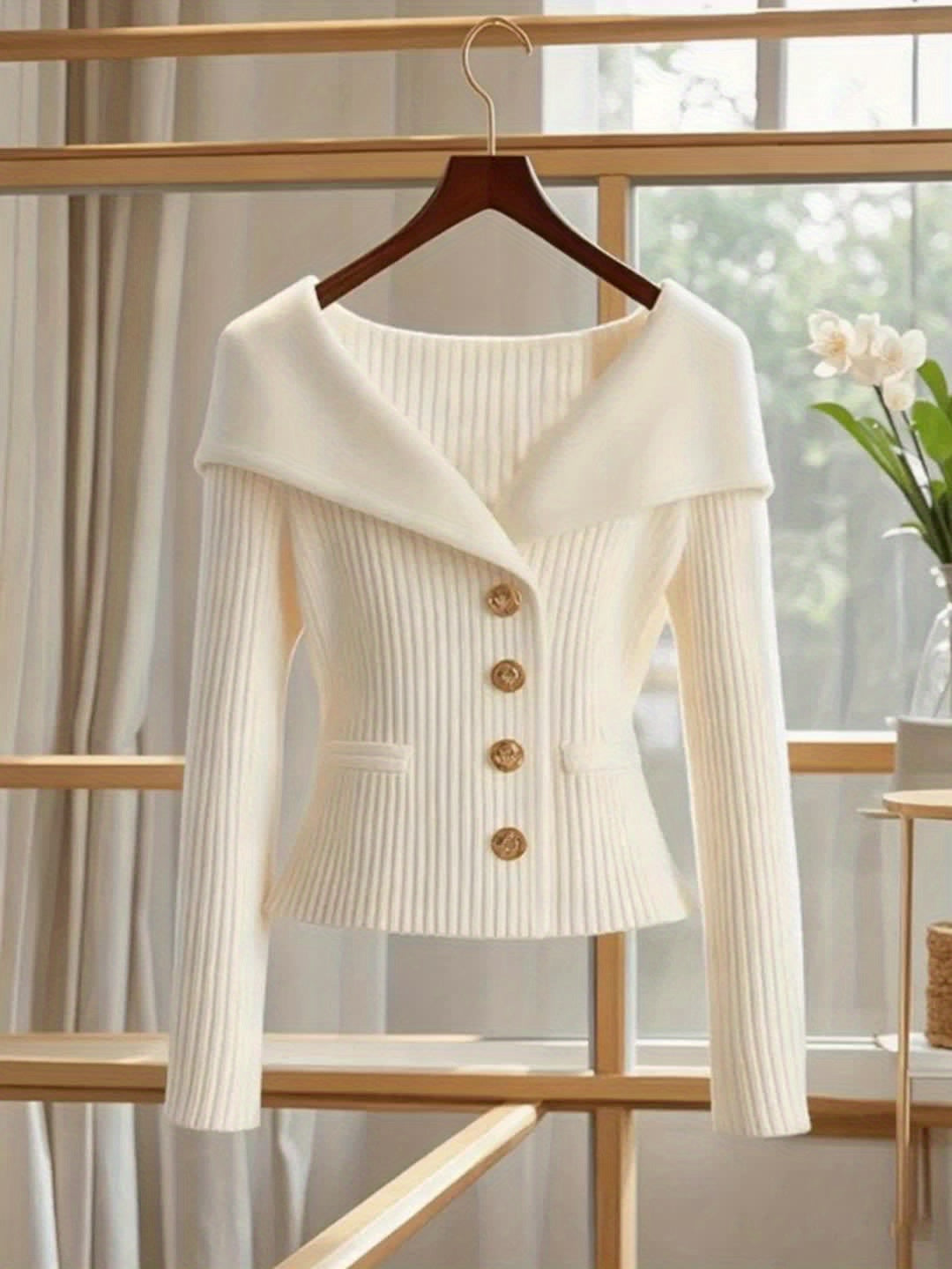 Elegante witte trui-jack voor dames - Chic V-hals, lange mouw, knoopontwerp met geribbelde details, stretchstof, perfect voor casual of formele gelegenheden