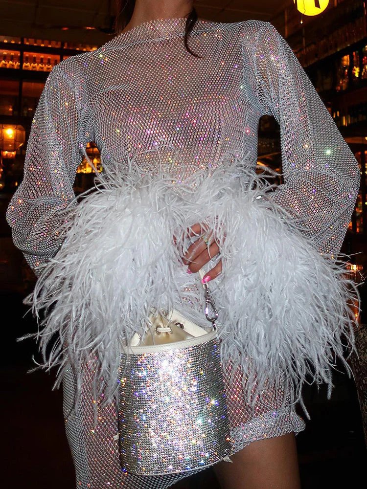 Brienne - Metallic Sheer Cuff Feather Mini Dress Ivy Luna Brienne - Metallic Sheer Cuff Feather Mini Dress Ivy Luna