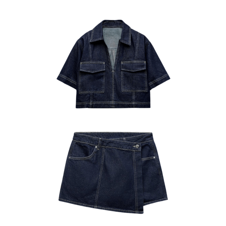 Faelyn - Denim Cropped-Top & Skirt Two-Piece Set